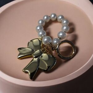 Gold Bow Keychain with Pearl Accents